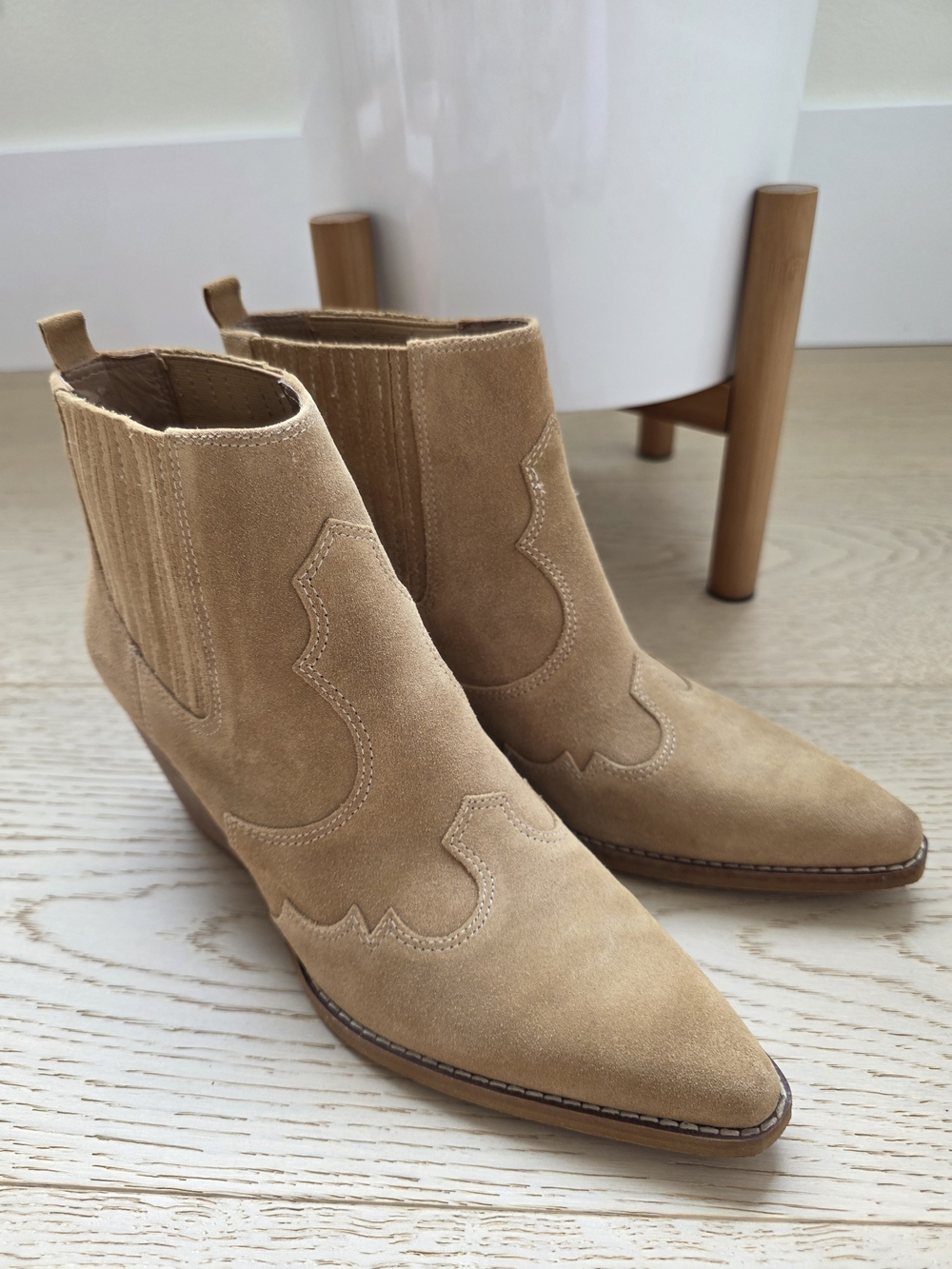 Tan Suede Western-Style Ankle Boots - Women's